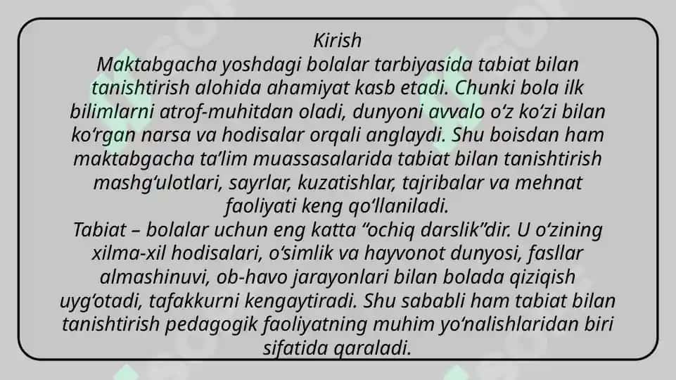Tabiat bilan tanishtirish ish shakllari. Mashgulot 3