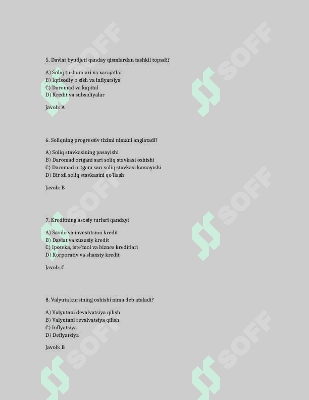Moliya fanidan yangi 100 ta test savollari javoblari bilan 2