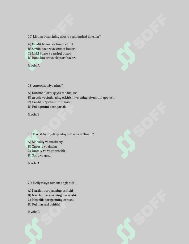 Moliya fanidan yangi 100 ta test savollari javoblari bilan 5