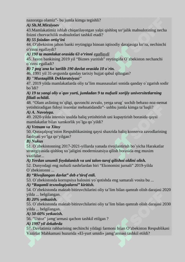 Òzbekiston eng yangi tarixi 300 ta test savollari va javoblari bilan 4