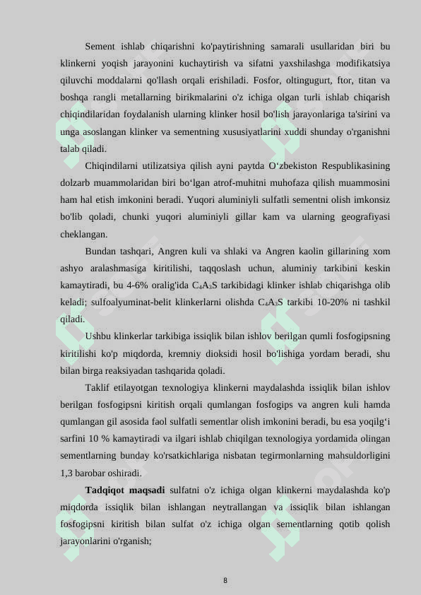 “MAHALLIY XOMASHYOLAR ASOSIDA SULFOALYUMINOSILIKATLI SEMENT TEXNOLOGIYASINI ISHLAB CHIQISH” 8