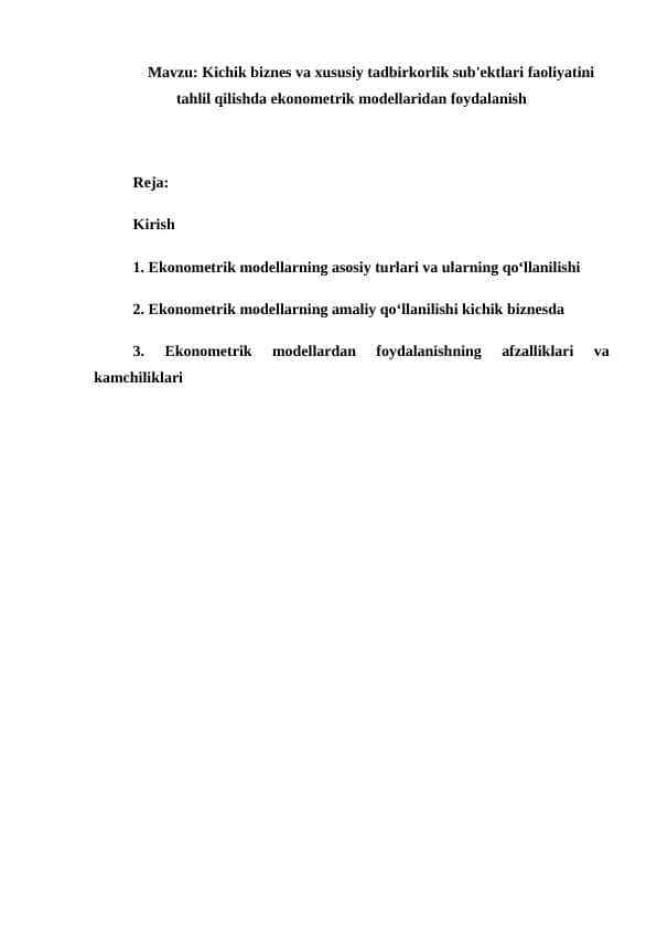 Kichik biznes va xususiy tadbirkorlik sub'ektlari faoliyatini tahlil qilishda ekonometrik modellaridan foydalanish