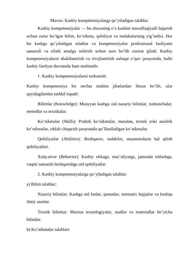 Kasbiy kompitensiyalarga qo’yiladigan talablar.