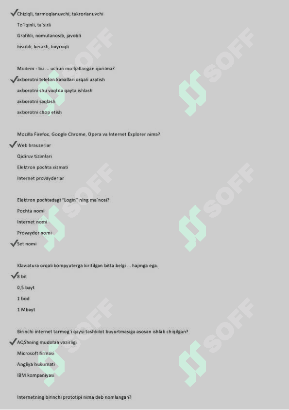Informatika fanidan 200 talik test, javoblari bilan 4