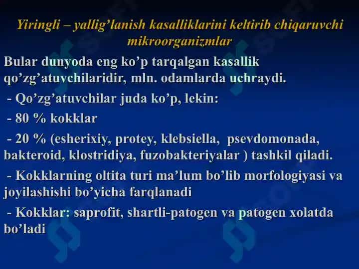 Yiringli yallig‘lanish jarayonlarini keltirib chiqaruvchi mikroorganizmlar. Jarohat infeksiya 2