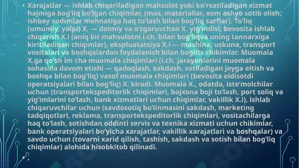 xarajatlarni turkumlash va baxolash ularning hisobi. 3
