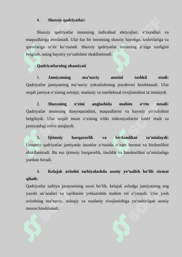 Qadriyat tushunchasi va uning umumiy tavsifi. 4