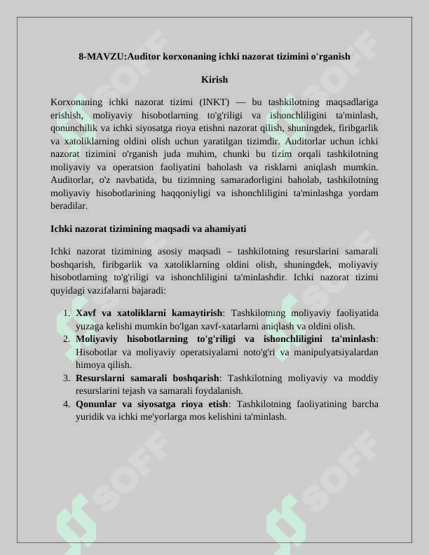 Auditor korxonada Ichki nazorat tizimini o’rganishi 2