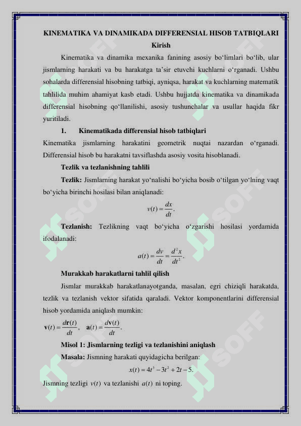 KINEMATIKA VA DINAMIKADA DIFFERENSIAL HISOB TATBIQLARI 2