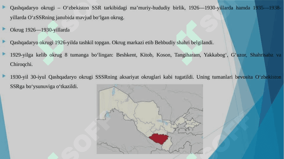 O'zbekiston hududida ajratilgan 10 ta tabiiy-geografik okruglarga qisqacha komponentlar bo'yicha tavsif berish.Qashqadaryo okrugi. 3