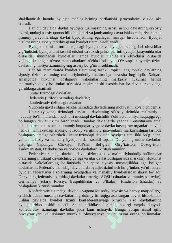 BYUDJET:  UNING SHAKLLANISHI VA   TAQSIMLANISHINING  IQTISODIYOTDAGI AHAMIYATI 5