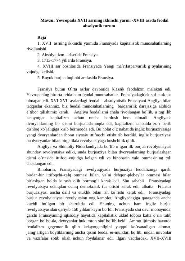 Yevropada XVII asrning ikkinchi yarmi XVIII asrda feodal absolyut tuzumi