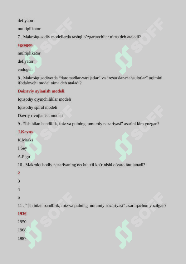 Makroiqtisodiyot fanidan test savollari va javoblari. 2