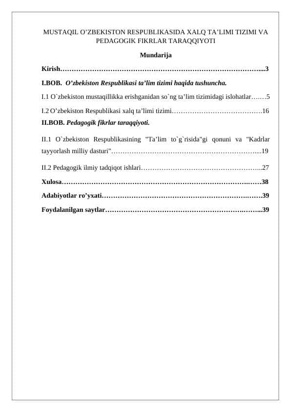MUSTAQIL O’ZBEKISTON RESPUBLIKASIDA XALQ TA’LIMI TIZIMI VA PEDAGOGIK FIKRLAR TARAQQIYOTI