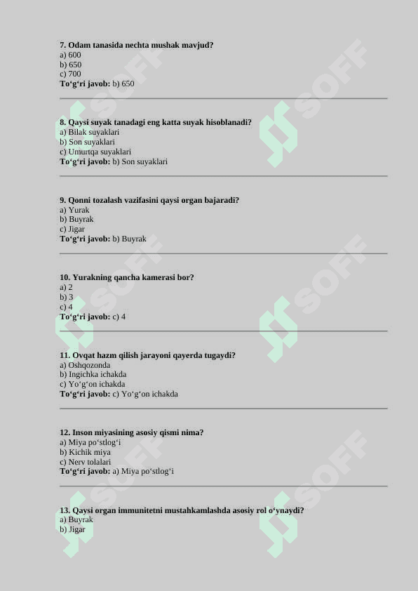Anatomiyaga oid 30 ta test savollari 2
