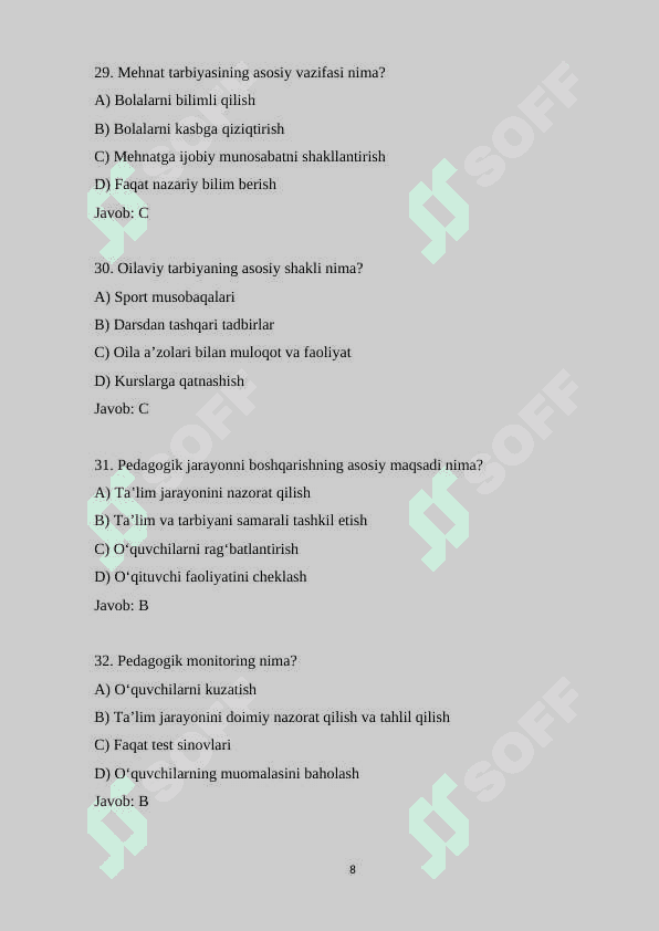 Pedagogika fanidan 100 ta test savollari va javoblari bilan 8
