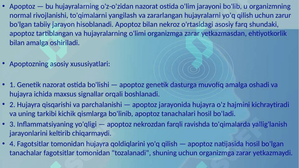 Nekroz. Apoptoz. Nukleoproteidlar, minerallar almashinuvining buzilishining morfologiyasi. Tish karashlari, kutikula, tish blyashkasining pellikulasi, emal va milkning hamda tish toshlarining patomorfologiyasi. Solak tosh kasalligi. Tish emalining kislotali nekrozi 4