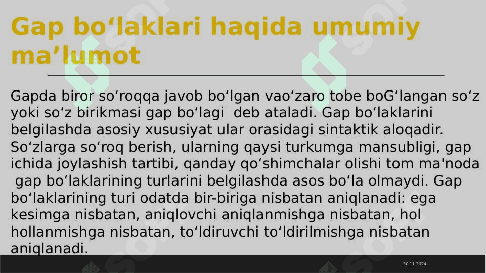 GAP BO‘LAKLARI. BOSH BO‘LAKLAR. EGA, UNING IFODALANISHI. KЕSIM, UNING IFODALANISHI, TURLARI. BOG`LAMA. KЕSIMNING EGA BILAN SHAXS VA SONDA MOSLIGI.  EGA BILAN KЕSIM ORASIDA TIRЕ 3
