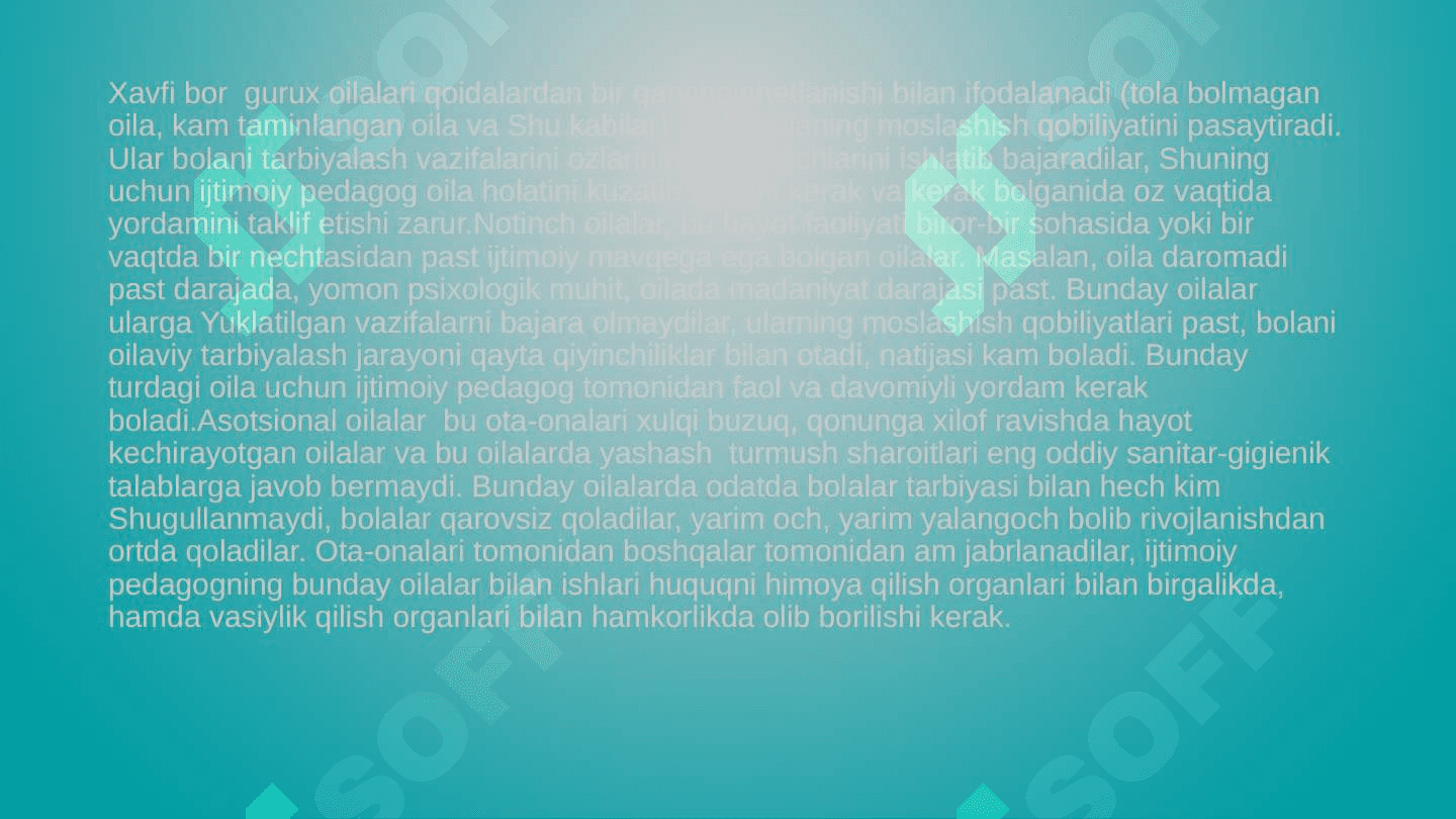Oila va bolalar, ota onasiz qolgan bolalar bilan ijtimoiy pedagogik faoliyat deviatsiya  ijtimoiy pedogogik muammo sifatida jinoyatchilik hulqi vujudga kelish shakli 4
