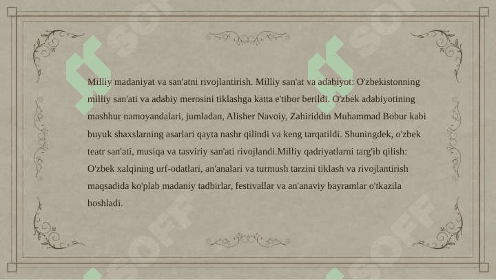 O'zbekiston milliy qadriyatlar va tarixni tiklash borasida amalga oshirilgan islohotlar mazmuni 4