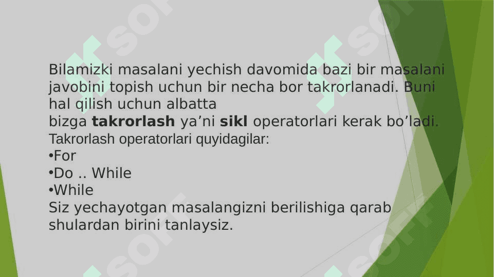 Tanlash operatorlari. Takrorlash(sikl) operatorlari. O‘tish operatorlari. Qamrab olish operatorlari 3