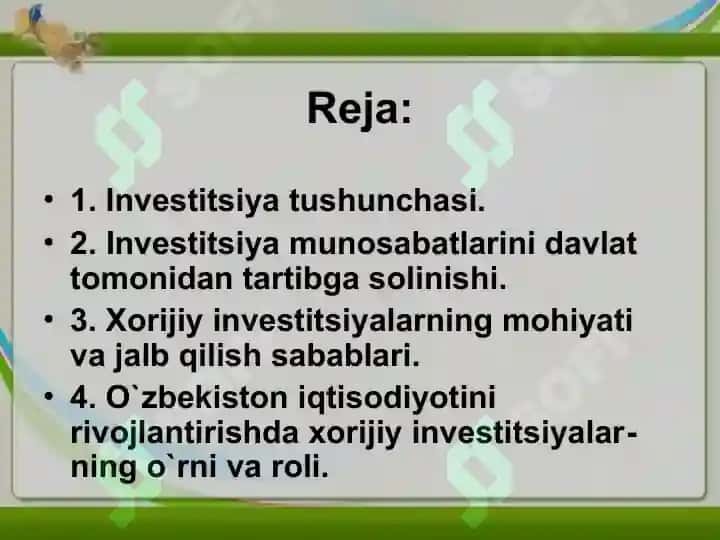 O‘zbekiston Respublikasi investitsiya siyosati 2