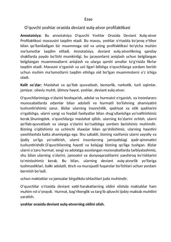 O’quvchi yoshlar orasida deviant xulq-atvor profilaktikasi