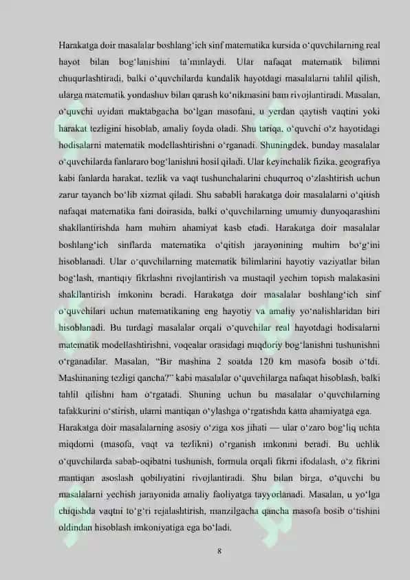 Boshlang’ich sinf o’quvchilarini harakatga doir masalalar yechishga o’rgatish metodikasi 8