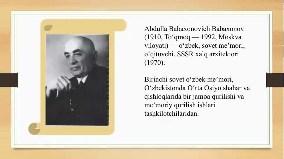 O’zbSSRda xizmat ko’rsatgan arxitektor Ilya Aronovich Merport hayoti va ijodi.