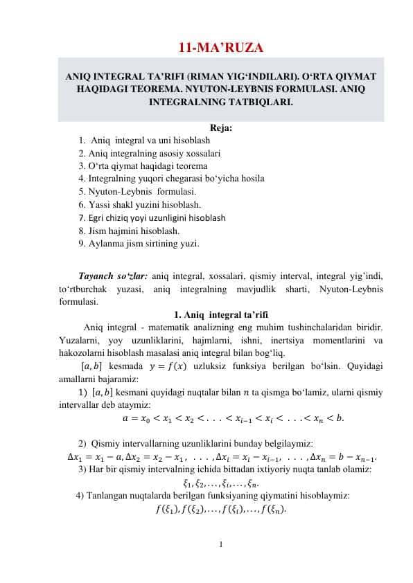 ANIQ INTEGRAL TA’RIFI (RIMAN YIG‘INDILARI). O‘RTA QIYMAT  HAQIDAGI TEOREMA. NYUTON-LEYBNIS FORMULASI. ANIQ  INTEGRALNING TATBIQLARI.