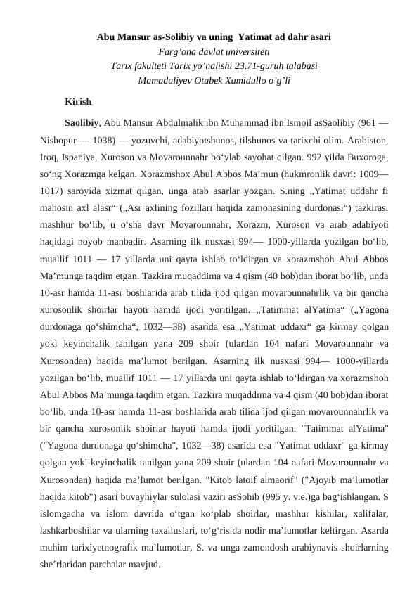 Abu Mansur as-Solibiy va uning  Yatimat ad dahr asari  maqola