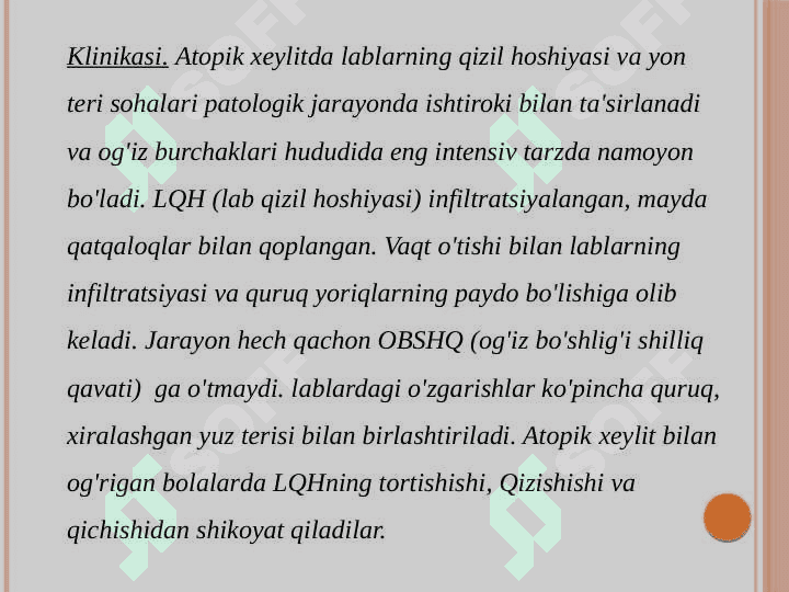 Bolalarda lab kasalliklari (atipik, ekzematoz, angulyar xeylitlar), ularning klinik belgilari, tashxisi, davosi. Og'iz bo'shlig'i shilliq pardasi kasalliklari profilaktikasi. 3