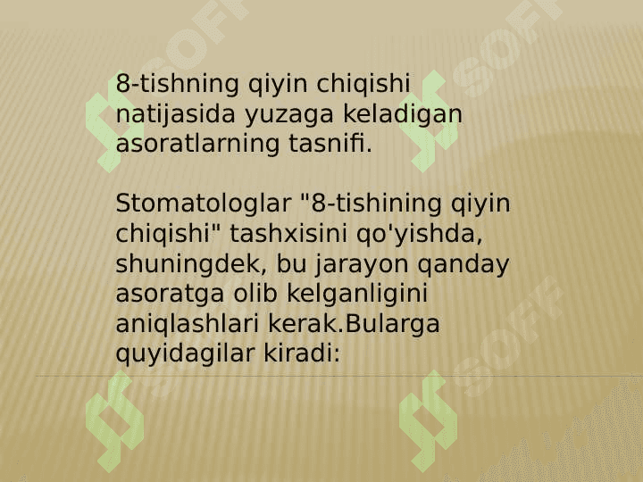 Yuqori va pastki jag' 8-tishlari chiqishi qiyinlashuvi asoratlari.
Sabablarini aniqlash (perikoronarit, retromolyar absess) Nur tashxislash natijalarini interpritatsiyasi.Tashxislash algoritmi.Xirurgik davolash usullari.Perikoronotomiya va retromolyar absessni ochish operatsiyasi bajarish etaplarni bemorda namoyish etish.Tishlar chiqishi davridagi kasalliklar.Aql tishlarni chiqishidagi qiyinchiliklar.Retensiya, yarim retensiya, distopiya.O'tkir perikoronarit.Rivojlanish algoritmi, tashxislash 5