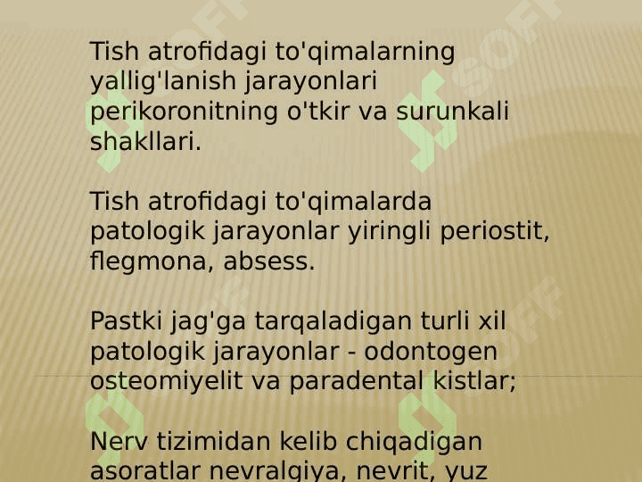 Yuqori va pastki jag' 8-tishlari chiqishi qiyinlashuvi asoratlari.
Sabablarini aniqlash (perikoronarit, retromolyar absess) Nur tashxislash natijalarini interpritatsiyasi.Tashxislash algoritmi.Xirurgik davolash usullari.Perikoronotomiya va retromolyar absessni ochish operatsiyasi bajarish etaplarni bemorda namoyish etish.Tishlar chiqishi davridagi kasalliklar.Aql tishlarni chiqishidagi qiyinchiliklar.Retensiya, yarim retensiya, distopiya.O'tkir perikoronarit.Rivojlanish algoritmi, tashxislash 6