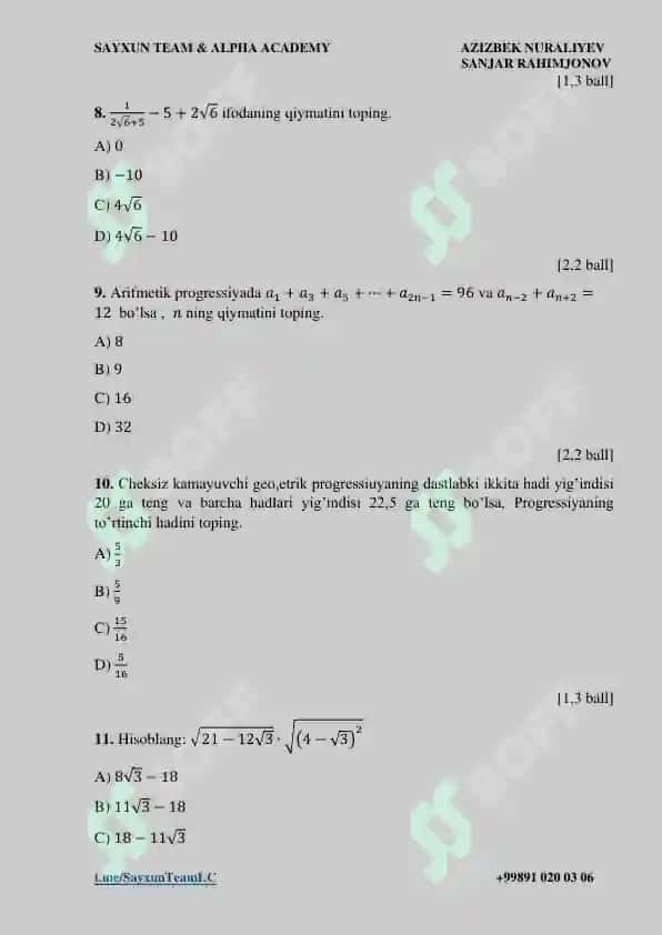 Milliy Sertifikat imtixon savollari MATEMATIKA 3