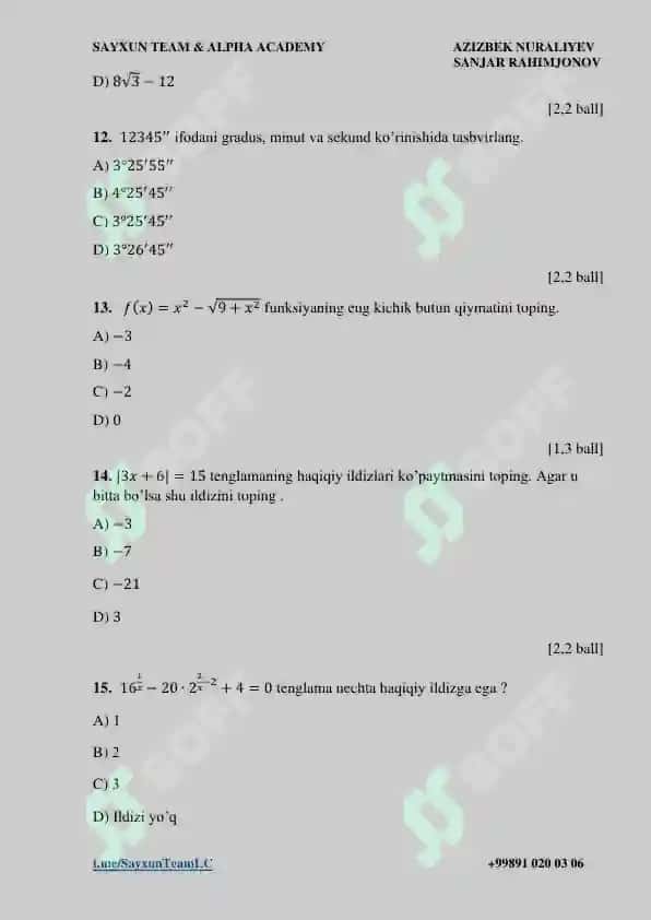 Milliy Sertifikat imtixon savollari MATEMATIKA 4