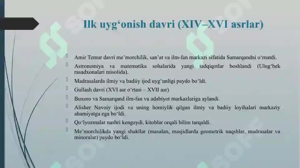 O'ZBEKISTON TARIXIDA RENESSANS ASOSIY BOSQICHLARI VA RIVOJLANISH OMILLARI 8