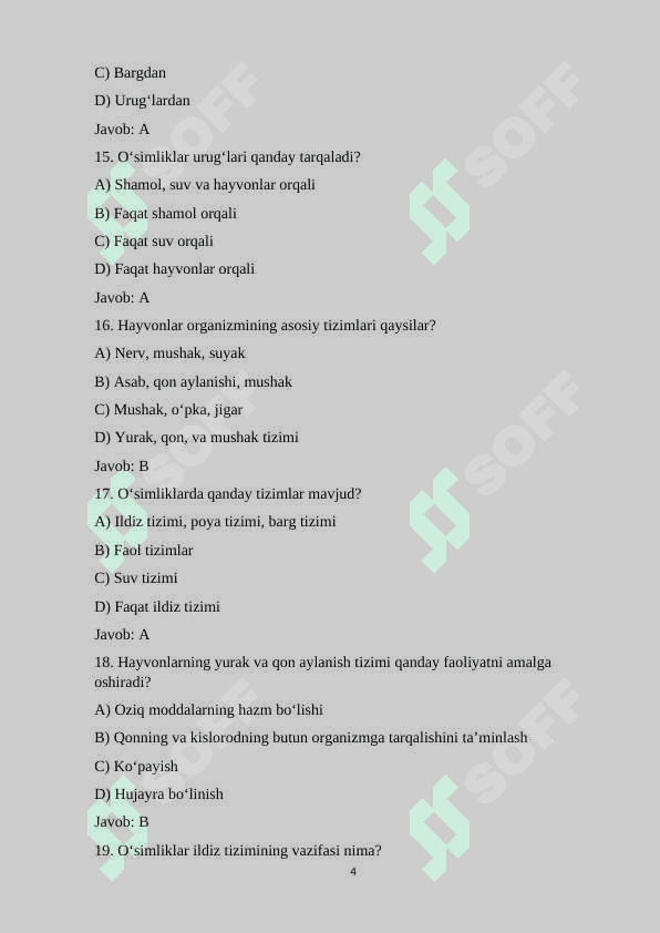 6-sinf Biologiya fanidan mavzulashtirilgan 100 ta variantli test savollari va javoblari bilan.docx 4