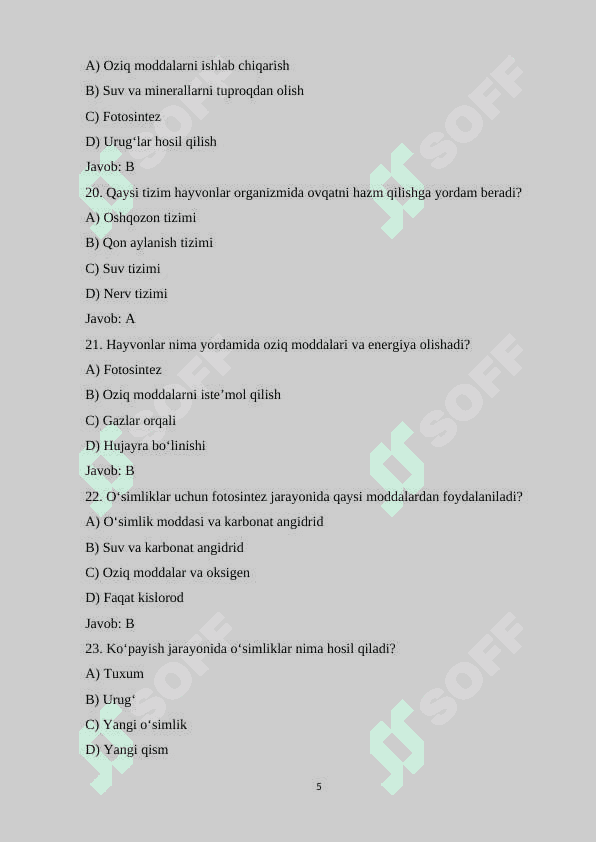 6-sinf Biologiya fanidan mavzulashtirilgan 100 ta variantli test savollari va javoblari bilan.docx 5