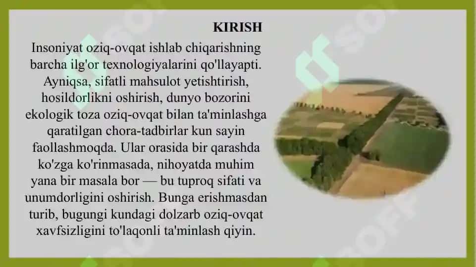 QISHLOQ XO’JALIK YERLARNING UNUMDORLIGINI OSHIRISHDA ZAMONAVIY TEXNOLOGIYALARDAN FOYDALANISH 3