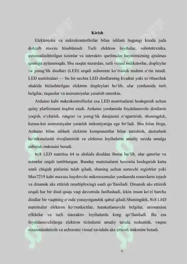 8x8 yorug‘lik diodli matrisani Arduino da boshqarish. Pezonuraltgich. Pezonuraltgichni boshqarish: tonni o‘zgartirish, davomligini o‘zgartirish. Tranzistorning kuchaytirish xususiyatini elektr yuritgich misolida aylanishini o‘zgartirish. 2