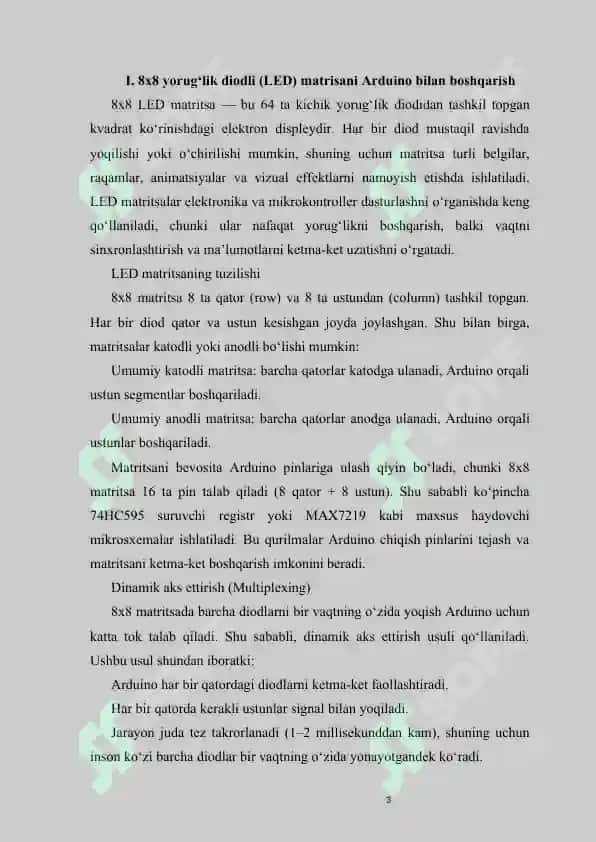 8x8 yorug‘lik diodli matrisani Arduino da boshqarish. Pezonuraltgich. Pezonuraltgichni boshqarish: tonni o‘zgartirish, davomligini o‘zgartirish. Tranzistorning kuchaytirish xususiyatini elektr yuritgich misolida aylanishini o‘zgartirish. 3