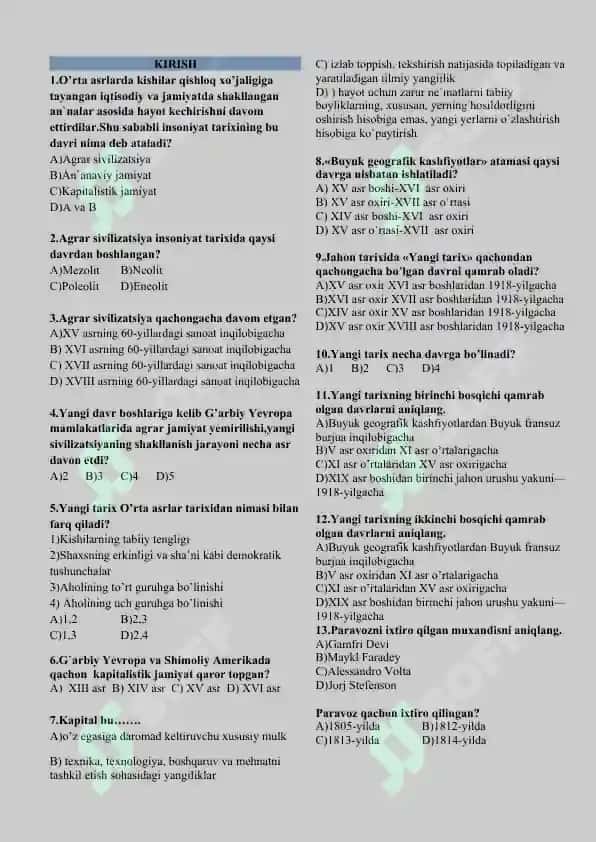 8-sinf jahon tarixi mavzulashtirilgan test 2