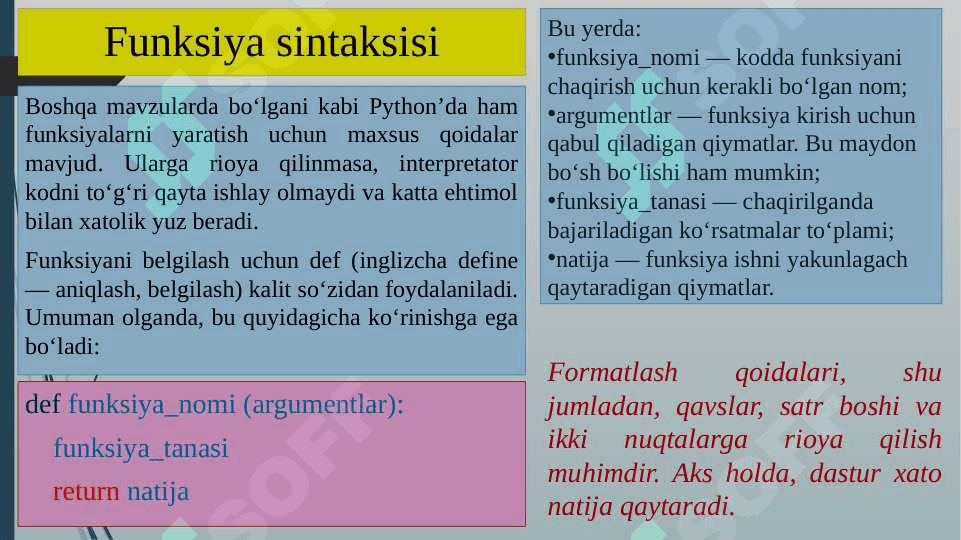 PYTHON DASTURLASH TILIDA DEF FUNKSIYASI. PYTHONDA FUNKSIYALARNI TEKSHIRISH UNITTEST MODULI. 5