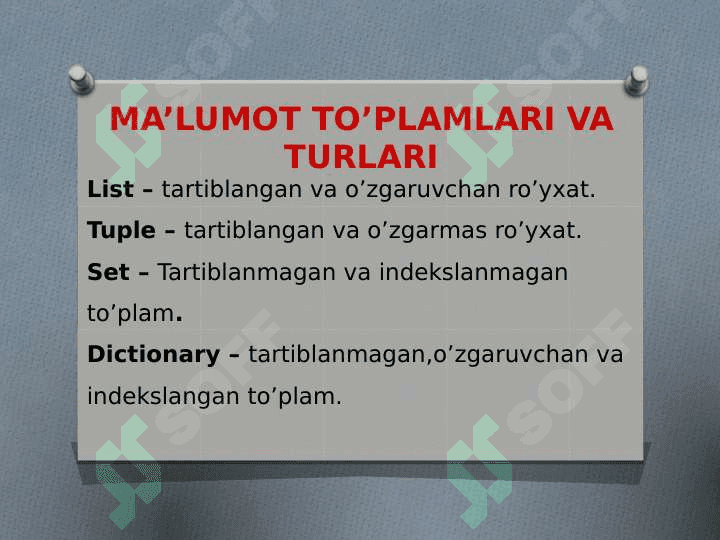 PYTHONDA RO’YXATLAR VA TO’PLAMLAR 3