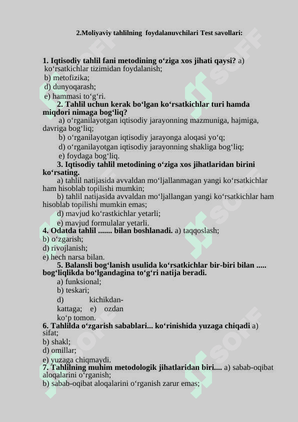 Moliyaviy tahlilning maqsadi  Test savollari 4