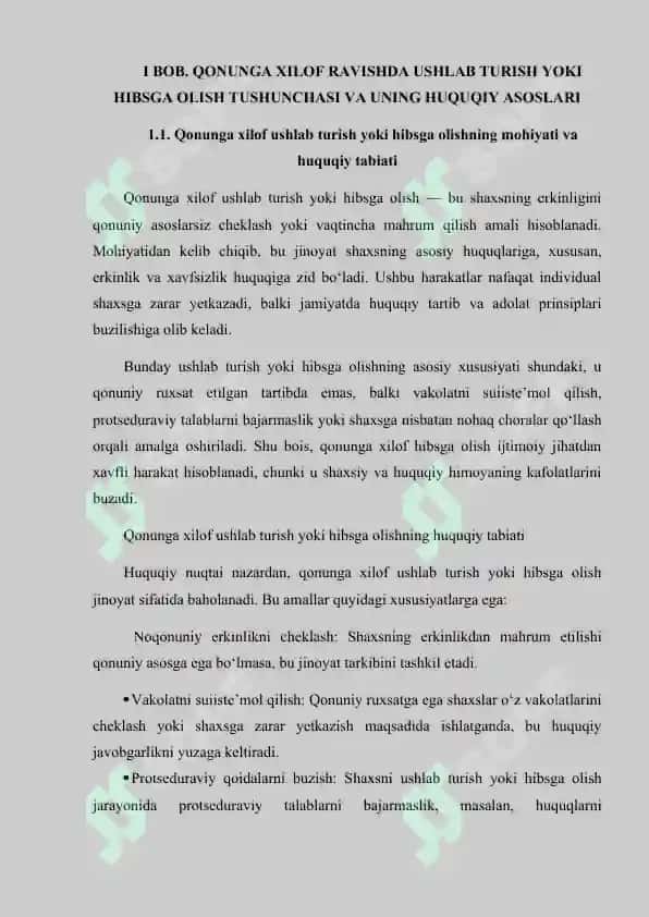 “Qonunga xilof ravishda ushlab turish yoki hibsga olishning jinoiy xususiyatlari” KURS ISHI 6