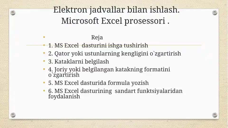 Elektron jadvallar bilan ishlash. Microsoft Excеl prosessori .