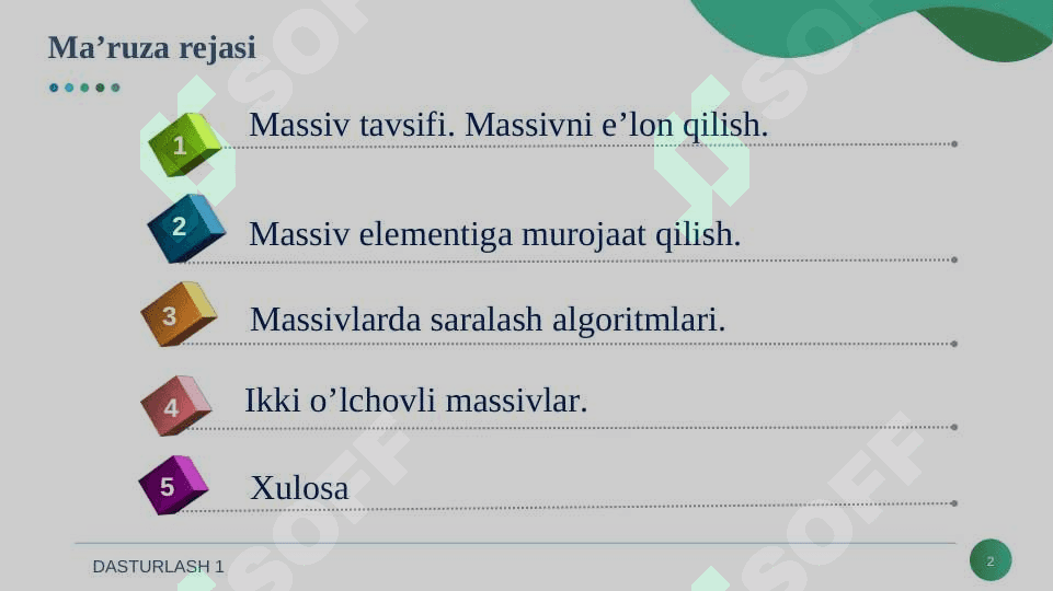 Bir o'lchovli va ko'p o'lchovli massivlar. Massiv elementlarini saralash usullari. 2