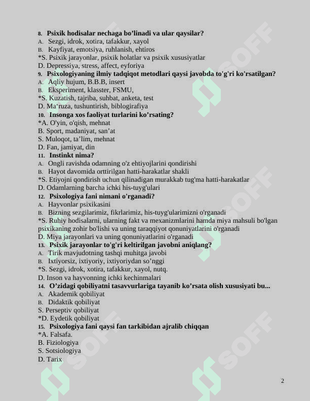 Psixologiya fanidan test savollar 2